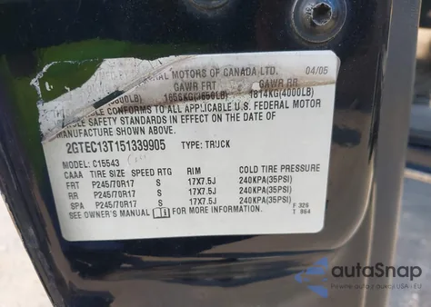 2005 GMC Sierra 1500 Sle z USA, uszkodzony, nr VIN 2GTEC13T151339905